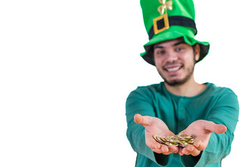 St Patrick´s day. Man in a leprechaun hat with beard wearing green costume for party.