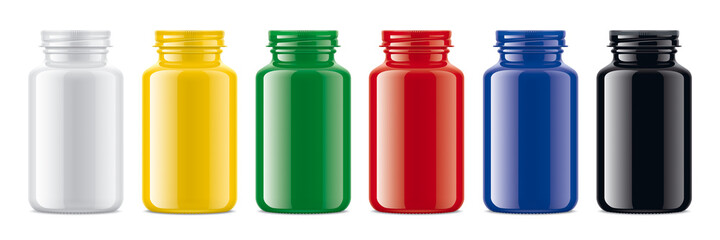Set of colored non-transparent glossy Bottles with metal caps.