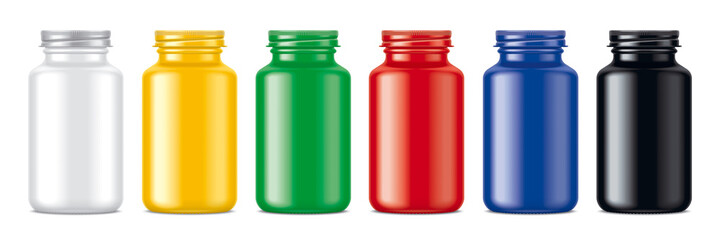 Set of colored non-transparent matt Bottles with metal caps.