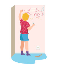 Young little kid boy draw wall room, creativity children idea painting vehicle car chalk cartoon vector illustration, isolated on white. Child imagination car picture, corner playroom.