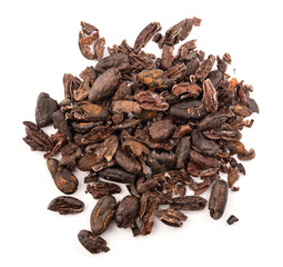 dried cocoa beans isolated on white background, top view