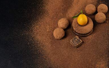 Chocolate candies truffle with airy cocoa powder and citrus fruit on a dark background.