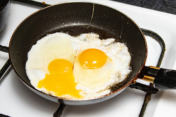 Fried eggs in a frying pan.