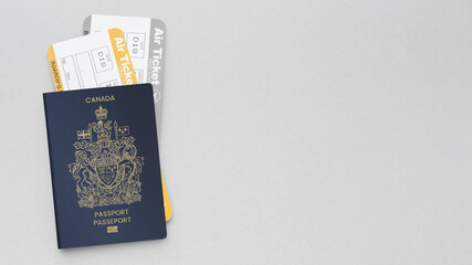 Canada passport and boarding ticket ,Close-up photography , white background 