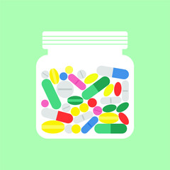 vector flat illustration on the theme of medicine and health. jar with various medicines and colorful pills in the home first-aid kit.