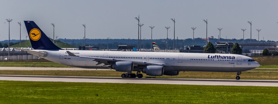 Hallbergmoos, Bavaria/Germany - 07 01 2015: Airplane at MUC Munich airport