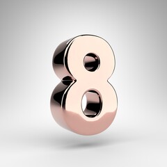 Number 8 on white background. Rose gold 3D number with gloss chrome surface.