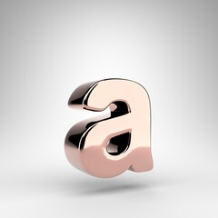Letter A lowercase on white background. Rose gold 3D letter with gloss chrome surface.