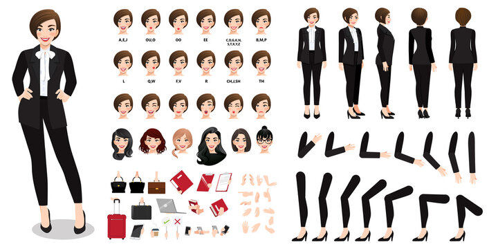 Businesswoman cartoon character in black suit creation set with various views, hairstyles, face emotions, lip sync and poses. Parts of body template for design work and animation