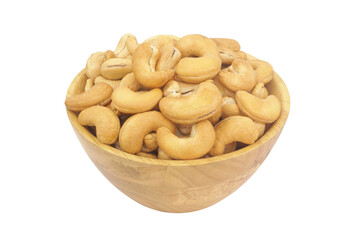 Fototapeta premium Roasted cashew nuts in wooden bowl isolated on white background