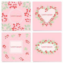 Set of 4 square vector backgrounds in pink with floral elements. Gentle design for social networks, postcards, posters, invitations, flyers   