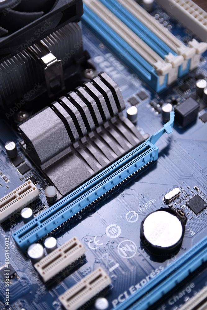 Poster Computer motherboard and electronical components cpu gpu memory and different sockets for video card close up
