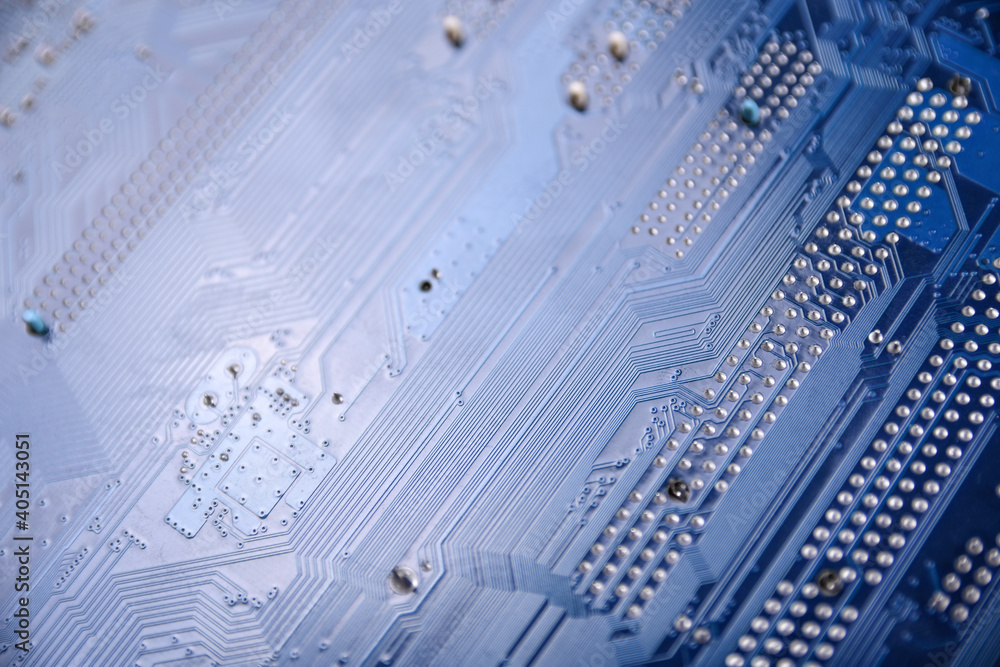Poster Computer motherboard background and electronical components cpu gpu memory and different sockets for video card close up