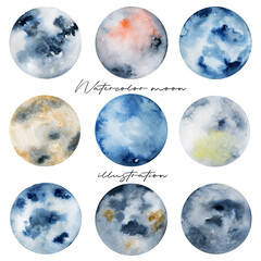 Watercolor artistic full moons collection, hand painted isolated illustration on white background