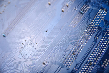 Computer motherboard background and electronical components cpu gpu memory and different sockets...