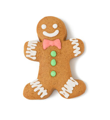 baked gingerbread man shaped with smile isolated on white background