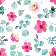 Watercolor wildflowers, pink roses, eucalyptus branches and leaves seamless pattern, hand painted on a white background