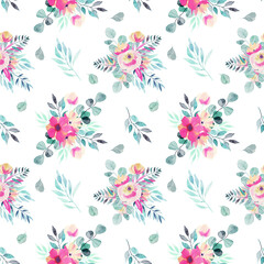 Fototapeta na wymiar Watercolor spring floral bouquets, branches and leaves seamless pattern, hand painted on a white background