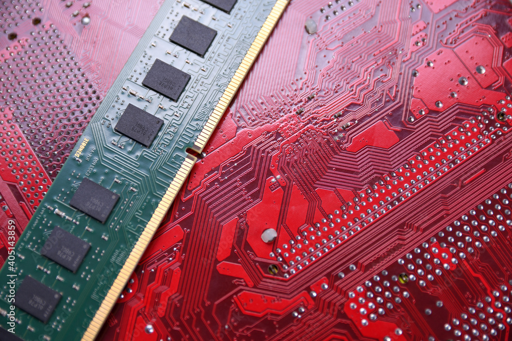 Poster Computer memory RAM on motherboard background . Close up. system, main memory, random access memory, onboard, computer detail. Computer components . DDR3. DDR4. DDR5