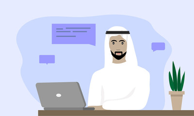 Arabian Man Work From Home,  Color vector illustration in flat cartoon style.