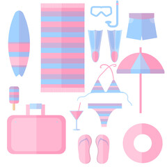 Set of summer accesories, umbrella, flip flops, swimming clothes, ice-cream.