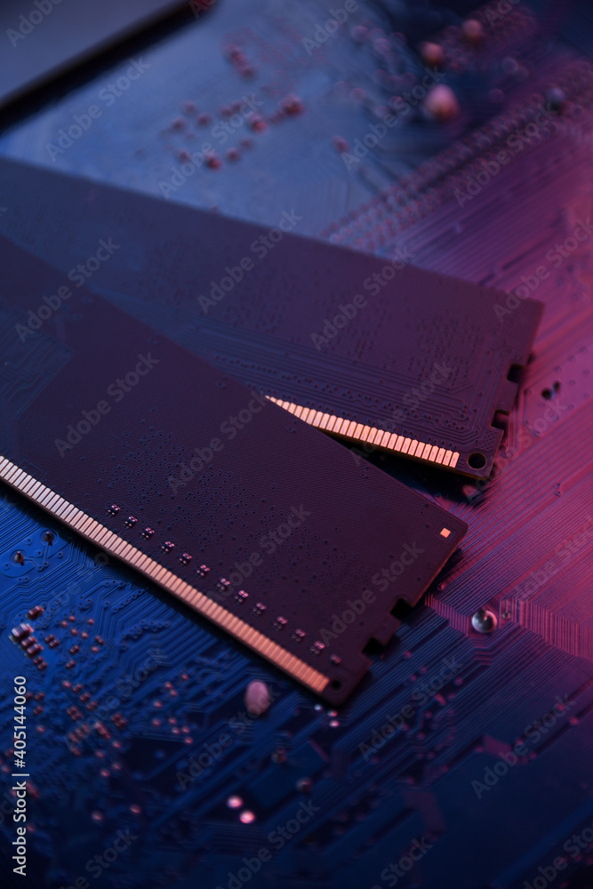 Poster Computer memory RAM on motherboard background . Close up. system, main memory, random access memory, onboard, computer detail. Computer components . DDR3. DDR4. DDR5