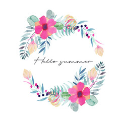 Wreath of watercolor plants, pink flowers and wildflowers;  hand painted isolated illustrations on a white background