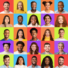 Square Collage With Mixed People Faces Over Different Colorful Backgrounds