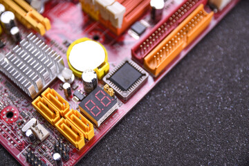 Computer motherboard and electronical components cpu gpu memory and different sockets for video...