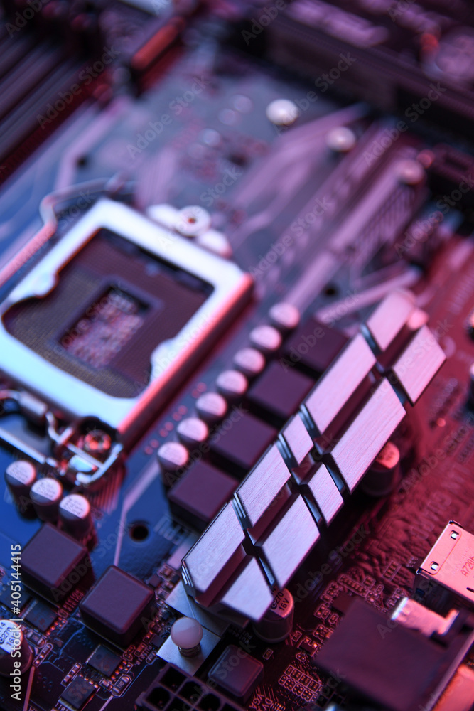 Poster Computer Central Processor socket on motherboard and electronical components cpu gpu memory and different sockets for video card close up