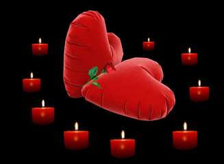  red heart pillows and  candles