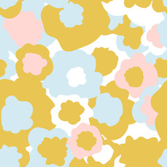 Freehand abstract floral vector seamless pattern. Hand drawn simple flowers  in retro scandinavian style in pastel colors. Modern background for birthday invitations, cards, textile.