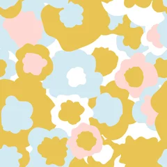 Foto op Plexiglas Freehand abstract floral vector seamless pattern. Hand drawn simple flowers  in retro scandinavian style in pastel colors. Modern background for birthday invitations, cards, textile. © dinadankersdesign