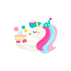 Cute Unicorn Birthday cake with Lolipop, candy, stars and wax candle. Hand drawn Kawaii pony cartoon vector Design elements illustration.