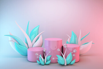3d Pink abstract geometric pedestal. Bright pastel podium minimal design with green and white flowers. Podium background studio for cosmetic products.