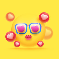 Glossy Love Emoji Wear Goggles And 3D Heart Balls Decorated On Yellow Background.