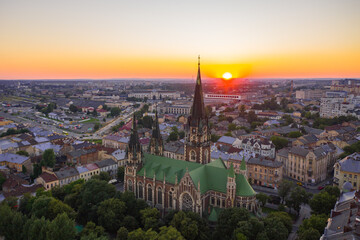 Aerial veiw on Elizabeth church in Lviv, Ukraine from drone. 