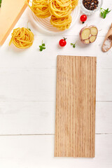 Flat lay overhead recipe page with mockup, text space with italian food