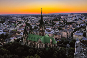 Obraz premium Aerial veiw on Elizabeth church in Lviv, Ukraine from drone. 