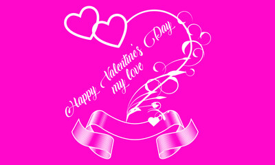 Obraz premium Happy Valentines Day Lettering Card. Typographic Background With Ornaments, Hearts, Ribbon and Arrow.