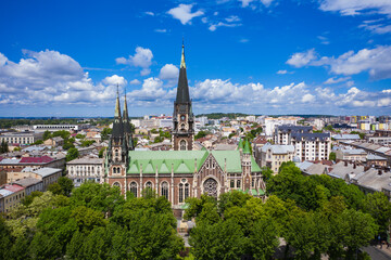 Fototapeta premium Aerial veiw on Elizabeth church in Lviv, Ukraine from drone. 