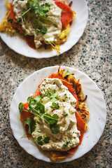 Rosti eggs royale. Potato pancakes with smoked salmon, poached eggs and hollandaise sauce,...