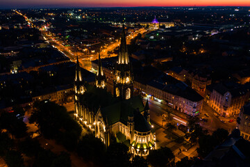 Fototapeta na wymiar Aerial veiw on Elizabeth church in Lviv, Ukraine from drone at night