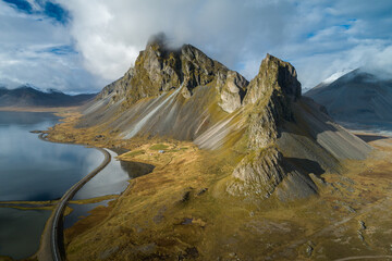 An aerial view of Mount Eystrahorn in Autumn. East Iceland.