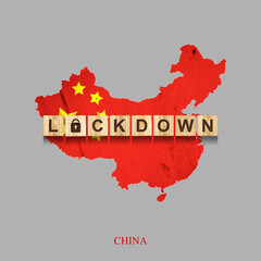 Lockdown. China. The inscription on wooden blocks, against the background of the map of China. 3D illustration. Closing the country to quarantine. Isolated.