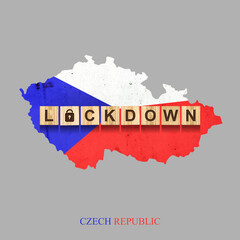 Lockdown. Czech Republic. The inscription on wooden blocks, against the background of the map of Czech Republic. 3D illustration. Closing the country to quarantine. Isolated.