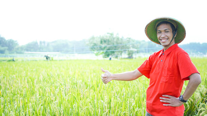 asian young man, farmer man, smile at rice field