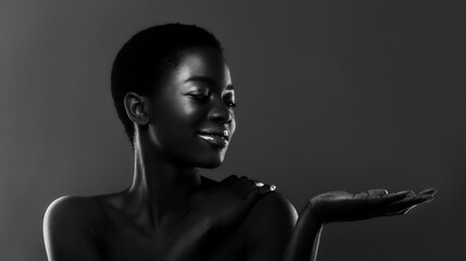 Beautiful african american woman looking at her empty palm, bw shot