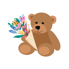 Teddy Bear flat vector illustration. Teddy bear holding flowers valentines day illustration. Cute teddy bear on white background. Valentines Teddy bear.