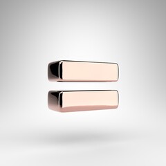 Equals symbol on white background. Rose gold 3D sign with gloss chrome surface.